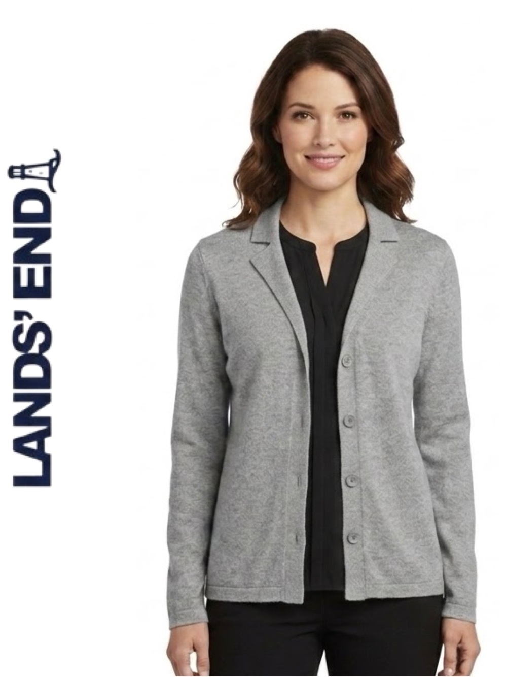 NEW Lands End Fine Knit Long Sleeve Light Grey Collar Cardigan - XS (Fits S/M)